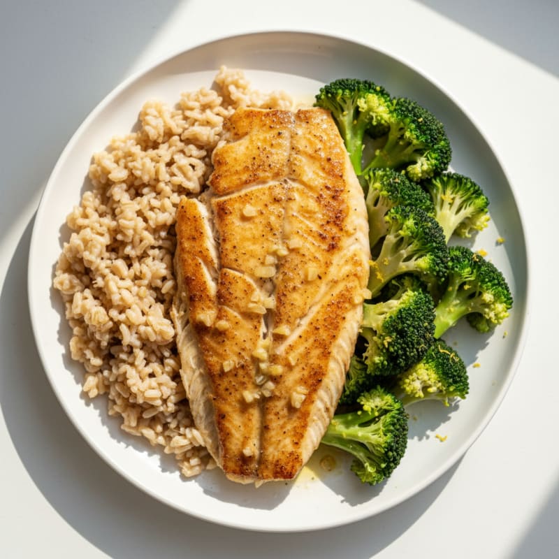 Seared Tilapia with Steamed Broccoli and Brown Rice