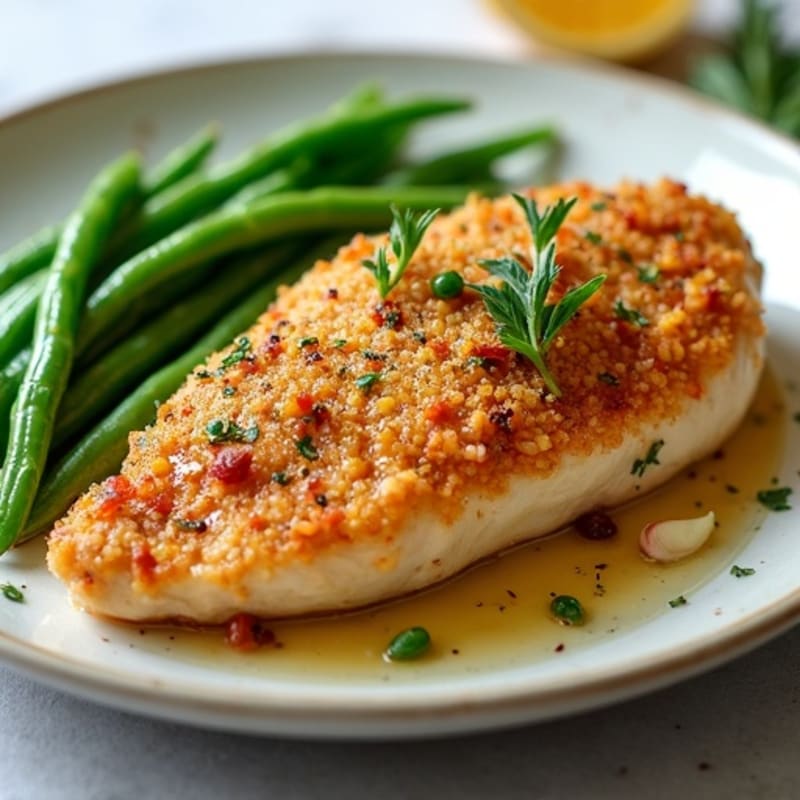 Crispy Garlic Herb Roasted Chicken Breast with Tender Green Beans