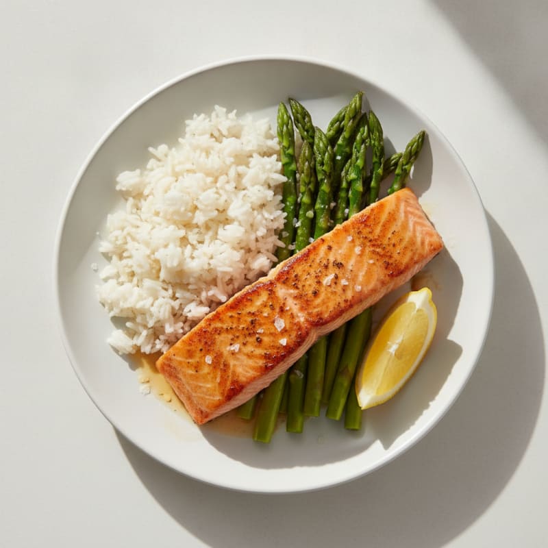 Seared Salmon with Steamed Rice and Asparagus