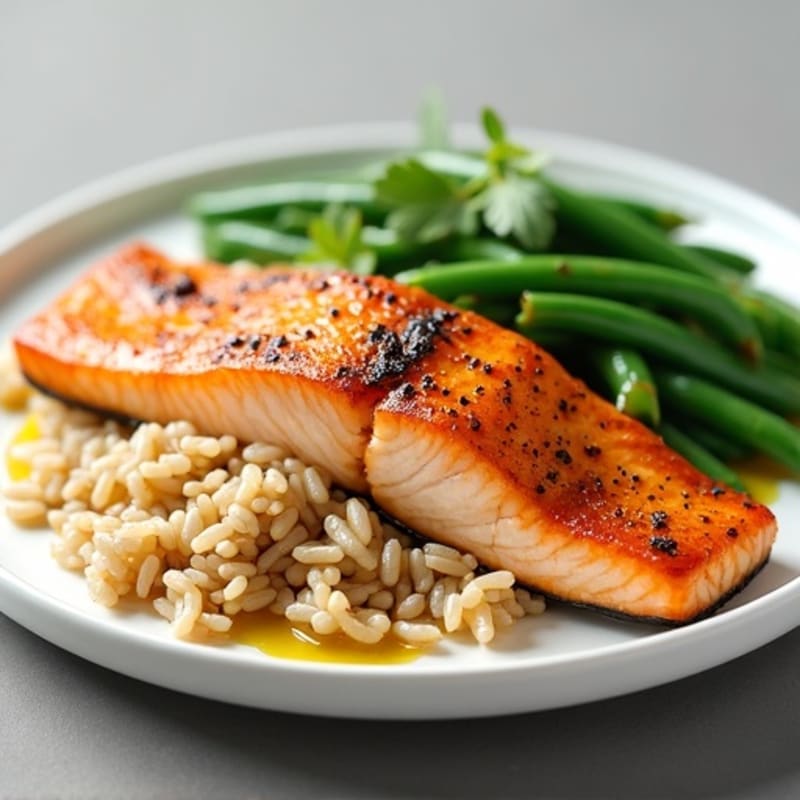 Seared Salmon with Garlic Green Beans and Brown Rice