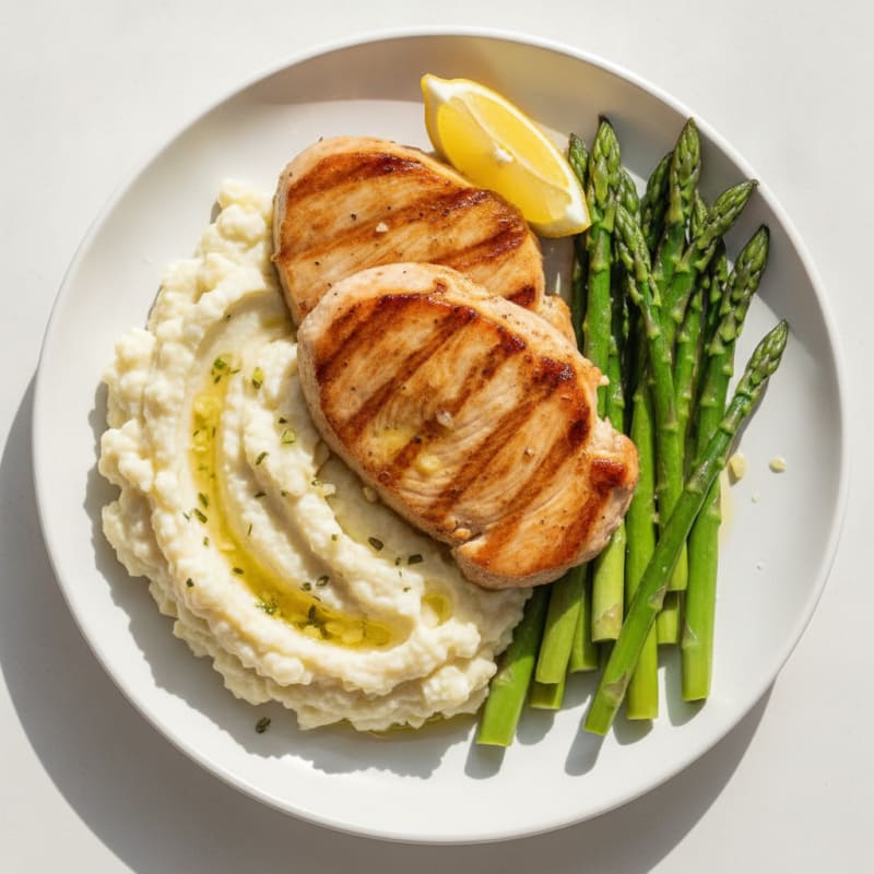 Seared Turkey Breast with Steamed Asparagus and Cauliflower Mash