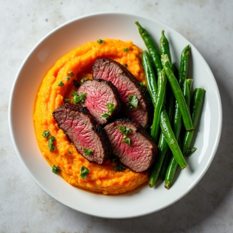Seared Beef Strips with Garlic Green Beans and Sweet Potato Mash