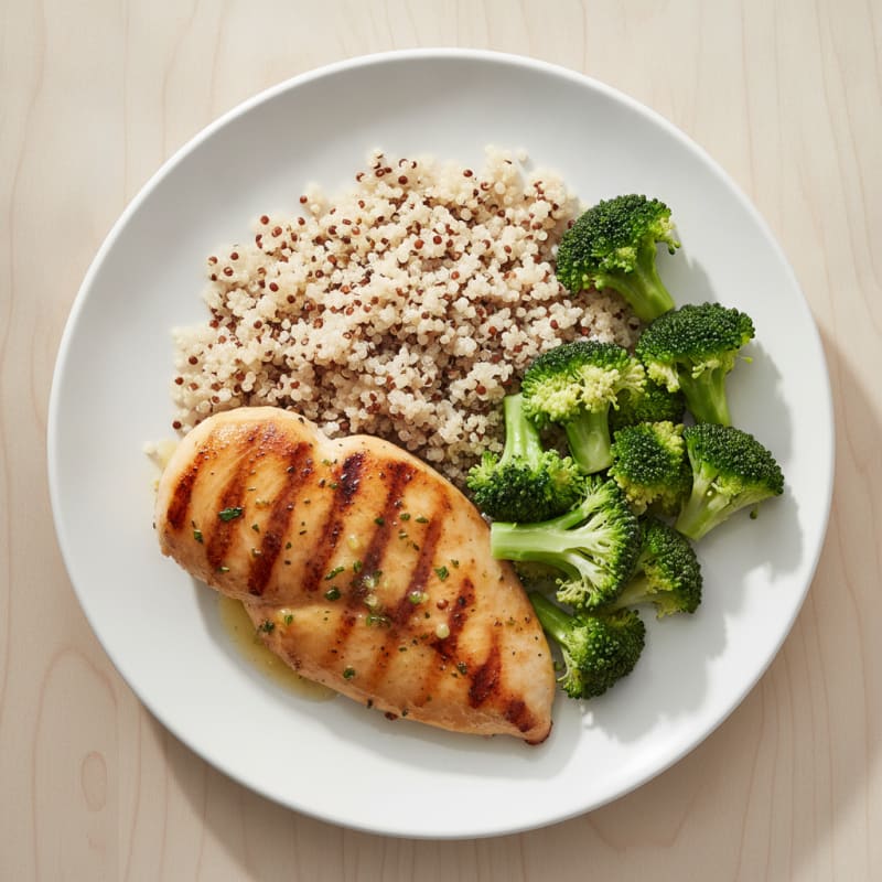 Grilled Chicken Breast with Steamed Broccoli and Quinoa