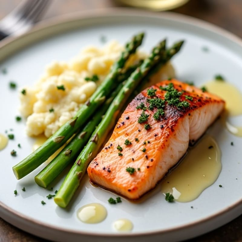 Seared Salmon with Steamed Asparagus and Cauliflower Mash