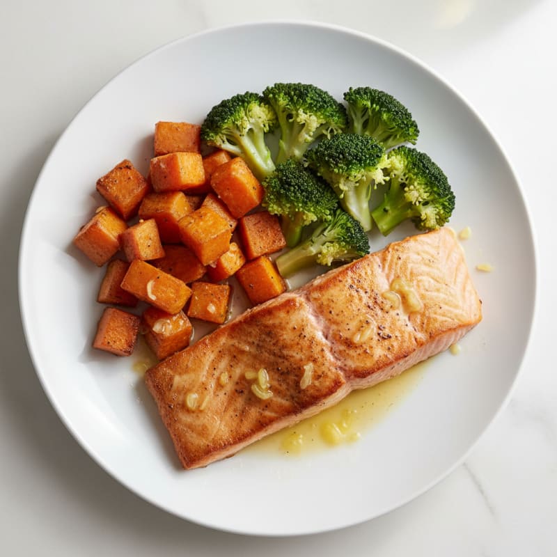 Seared Salmon with Roasted Sweet Potatoes and Steamed Broccoli