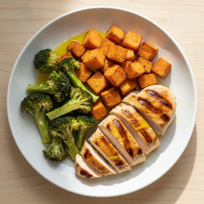 Grilled Chicken Breast with Roasted Sweet Potatoes and Broccoli