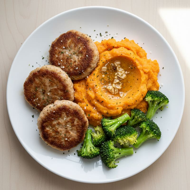 Seared Turkey Patties with Steamed Broccoli and Sweet Potato Mash