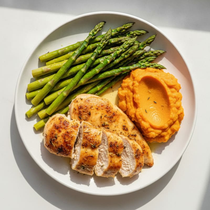 Herb-Baked Chicken Breast with Steamed Asparagus and Sweet Potato Mash