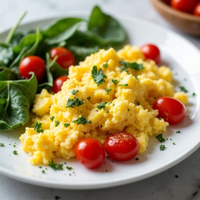 Fluffy Scrambled Eggs with Sautéed Greens and Cherry Tomatoes