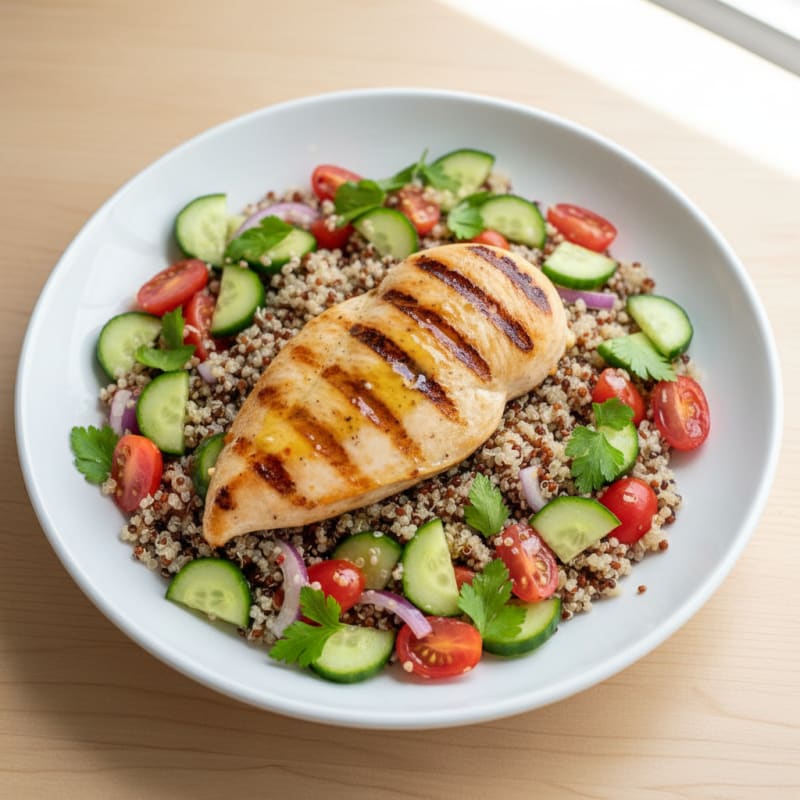 Grilled Chicken Breast with Quinoa and Crunchy Cucumber Tomato Salad
