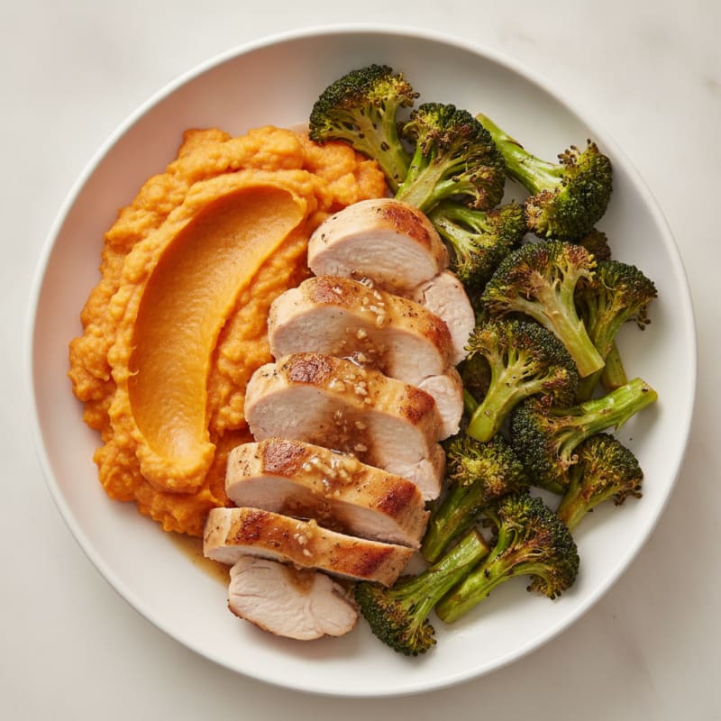 Seared Turkey Breast with Roasted Broccoli and Sweet Potato Mash