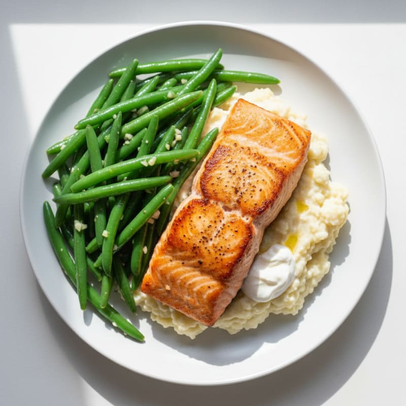 Seared Salmon with Garlic Green Beans and Cauliflower Mash