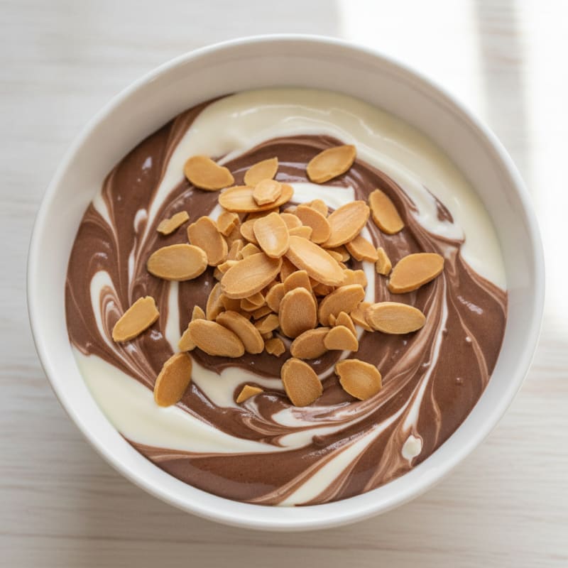 Creamy Vanilla Greek Yogurt with Chocolate Protein Powder and Toasted Almonds