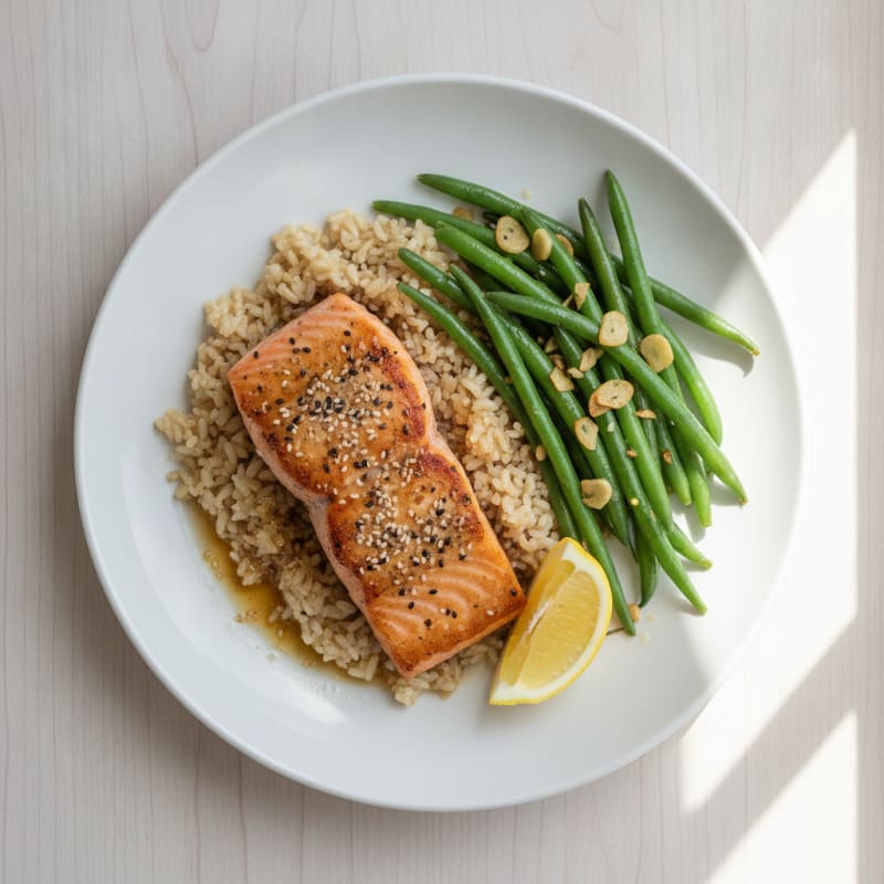 Seared Salmon Fillet with Garlic Green Beans and Brown Rice