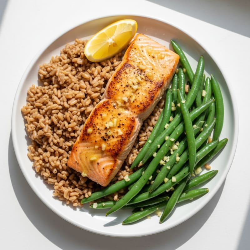 Seared Salmon with Garlic Green Beans and Brown Rice