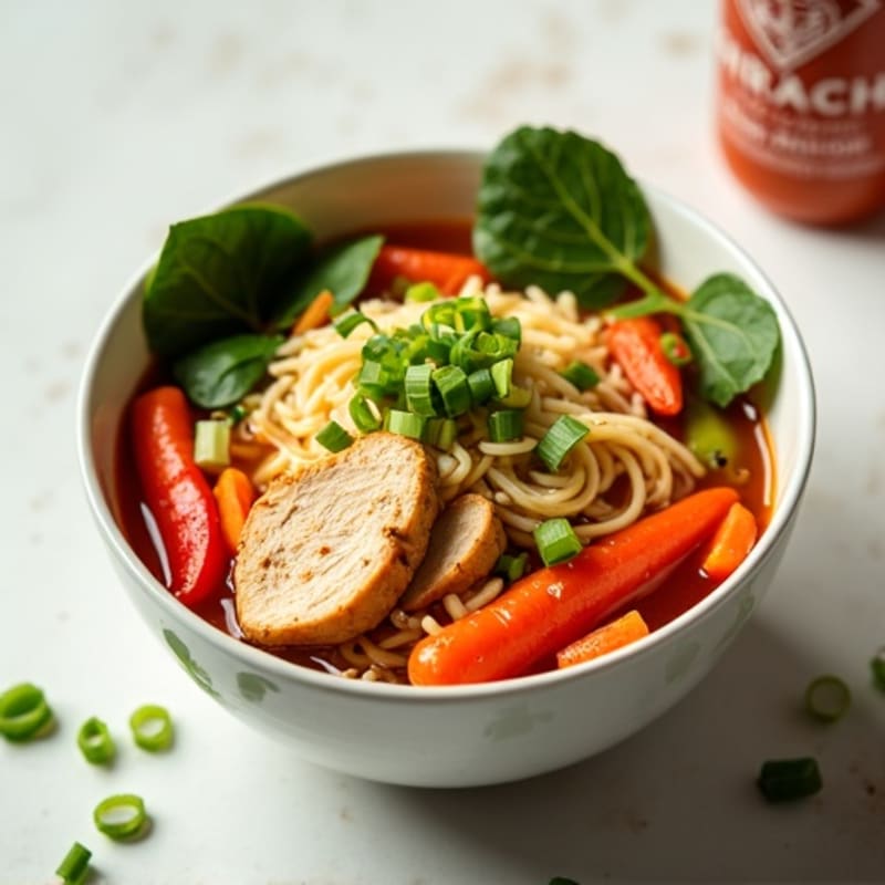 Spicy Sriracha Chicken and Fresh Vegetable Noodle Soup