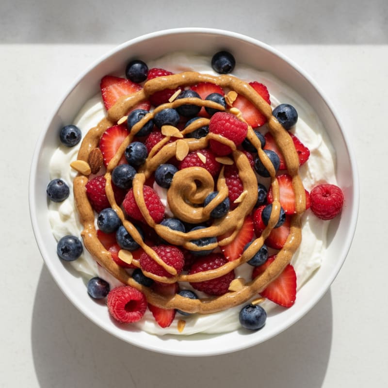 Silky Protein Yogurt Bowl with Mixed Berries and Almond Butter