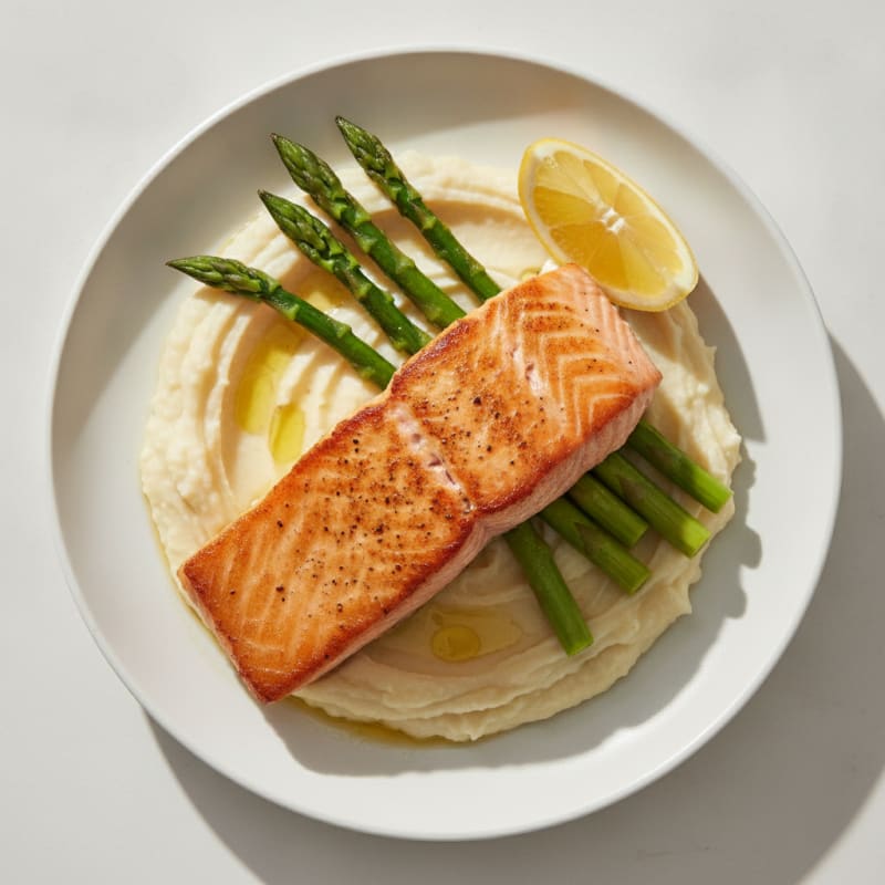 Seared Salmon with Steamed Asparagus and Cauliflower Mash