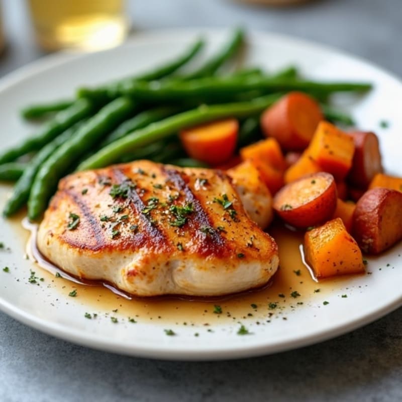 Maple-Glazed Chicken with Roasted Sweet Potatoes and Crispy Green Beans