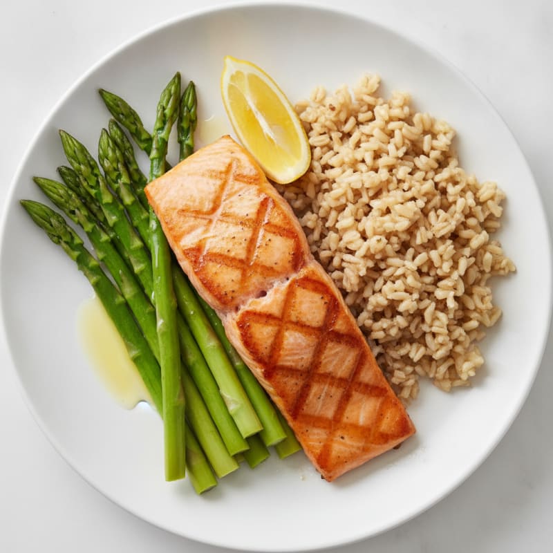 Seared Salmon Fillet with Steamed Asparagus and Brown Rice