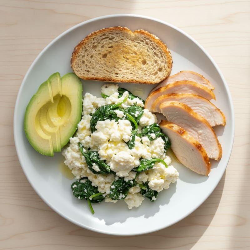 Egg White Spinach Scramble with Cottage Cheese and Sliced Turkey