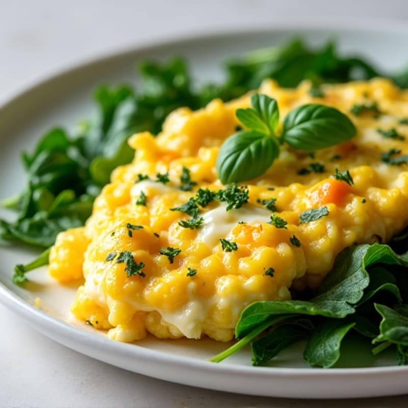 Fluffy Egg Scramble with Fresh Herbs and Sautéed Greens