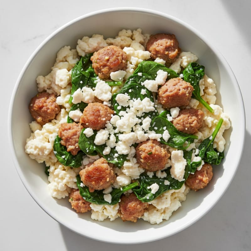 Scrambled Egg Whites with Turkey Sausage and Sautéed Spinach