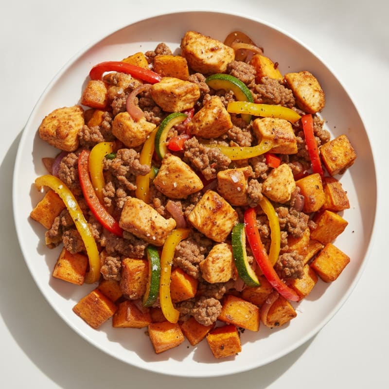 Chicken and Beef Skillet with Roasted Sweet Potatoes