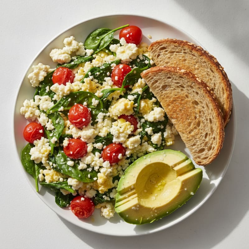 Cottage Cheese Egg White Scramble with Spinach and Cherry Tomatoes