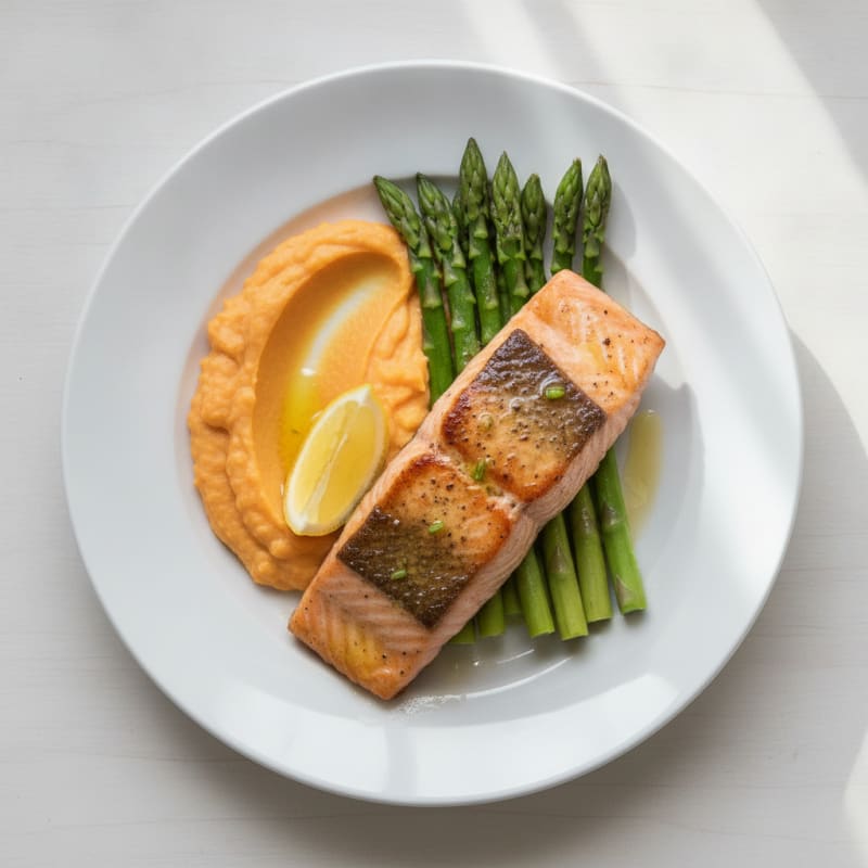 Seared Salmon with Steamed Asparagus and Sweet Potato Mash