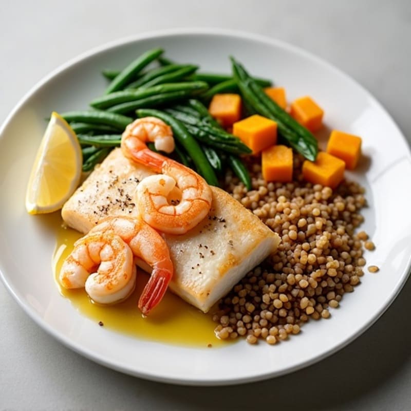 Seared Fish Fillet with Roasted Squash, Shrimp, Brown Rice & Steamed Greens