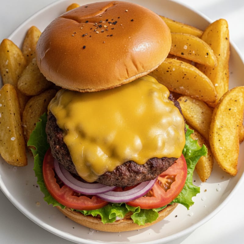 Classic Beef Cheeseburger with Crispy Fries
