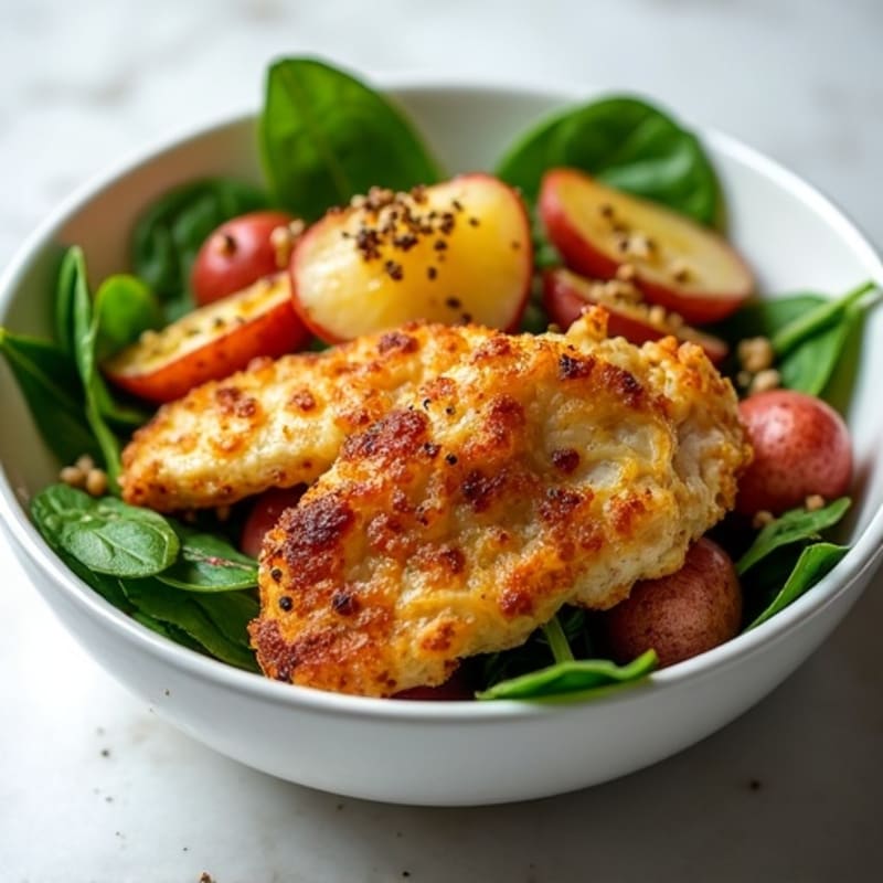 Crispy Shredded Chicken and Roasted Potato Bowl with Spinach