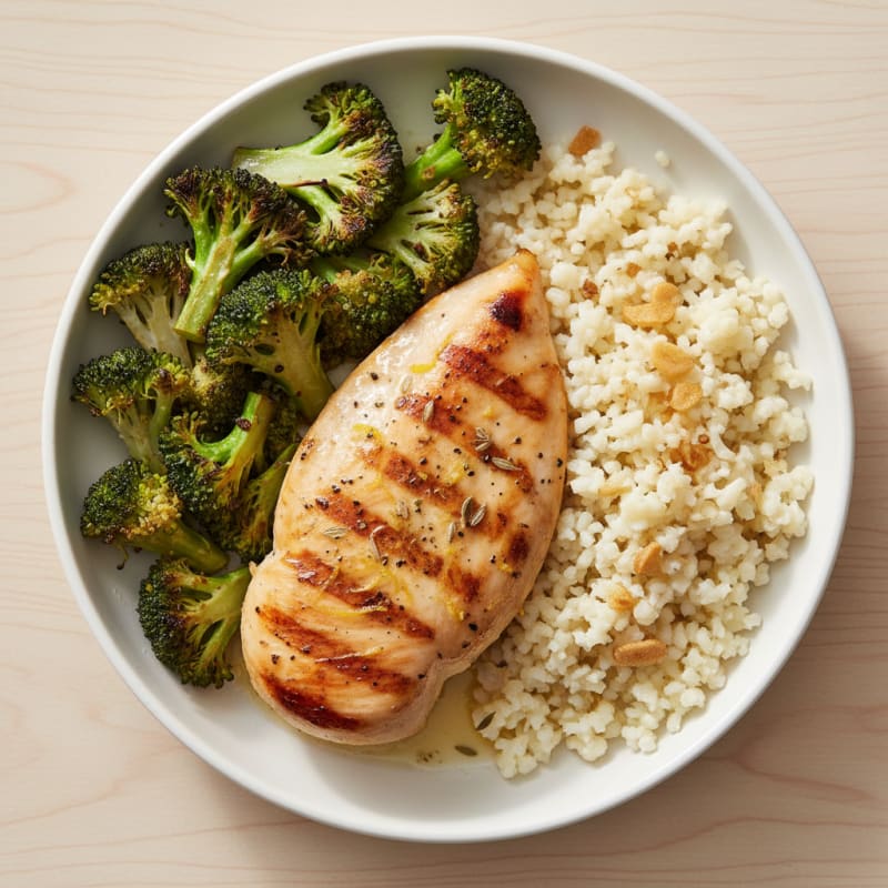 Grilled Chicken Breast with Roasted Broccoli and Cauliflower Rice