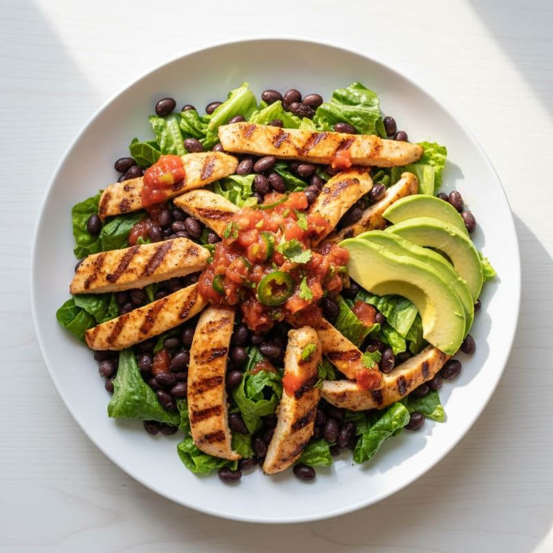 Grilled Chicken Salad with Black Beans, Avocado, and Spicy Salsa