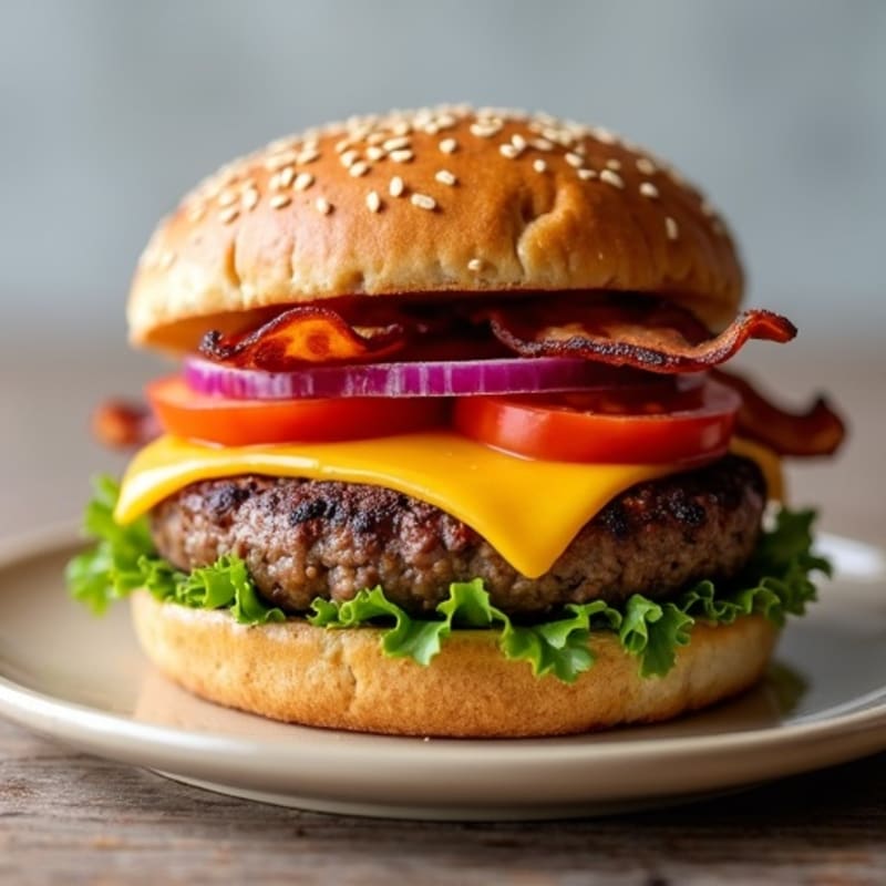 Lean Beef Cheeseburger with Crispy Bacon and Fresh Toppings