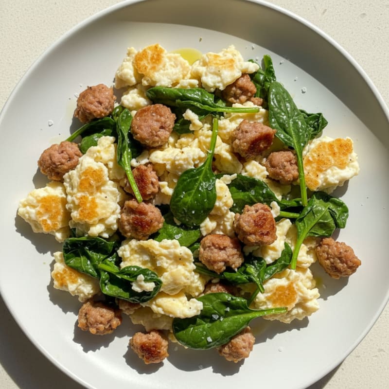 Egg White Scramble with Turkey Sausage and Sautéed Spinach