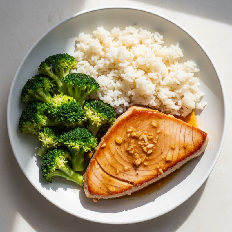 Grilled Tuna Steak with Steamed Broccoli and Jasmine Rice
