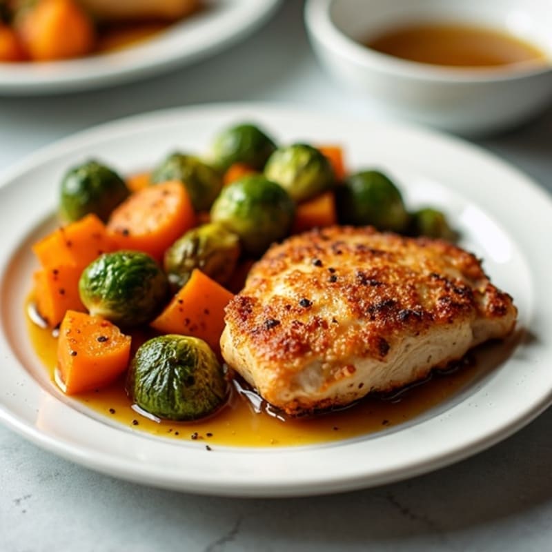 Crispy Chicken Thighs with Roasted Brussels Sprouts and Sweet Potato