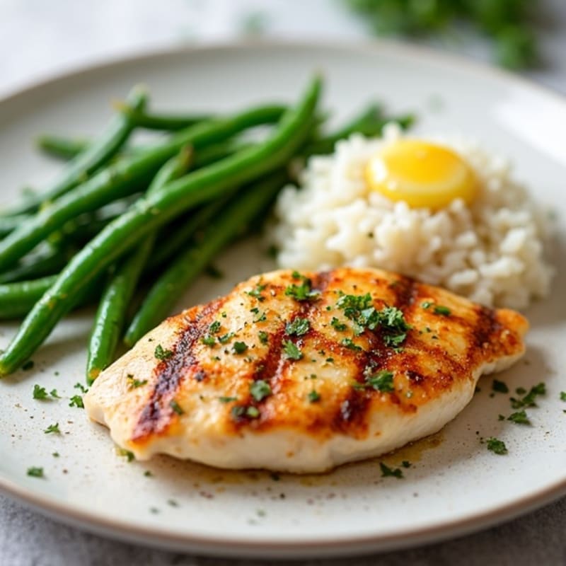 Seared Chicken Breast with Garlic Green Beans and Herbed White Rice