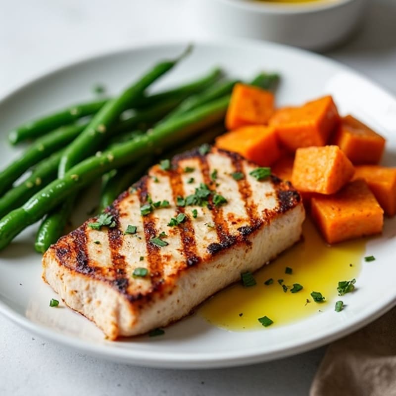 Seared Tuna Steak with Roasted Sweet Potatoes and Green Beans