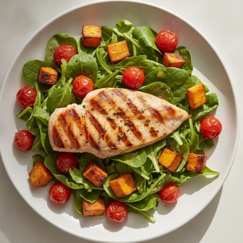Grilled Chicken Breast with Crunchy Mixed Greens and Cherry Tomatoes