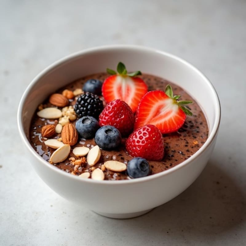 Creamy Chocolate Protein Chia Pudding with Fresh Berries and Nut Crunch