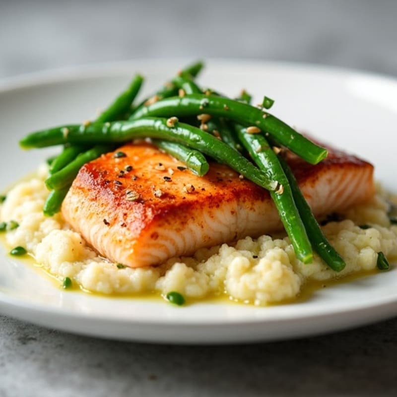 Seared Salmon with Garlic Green Beans and Cauliflower Mash