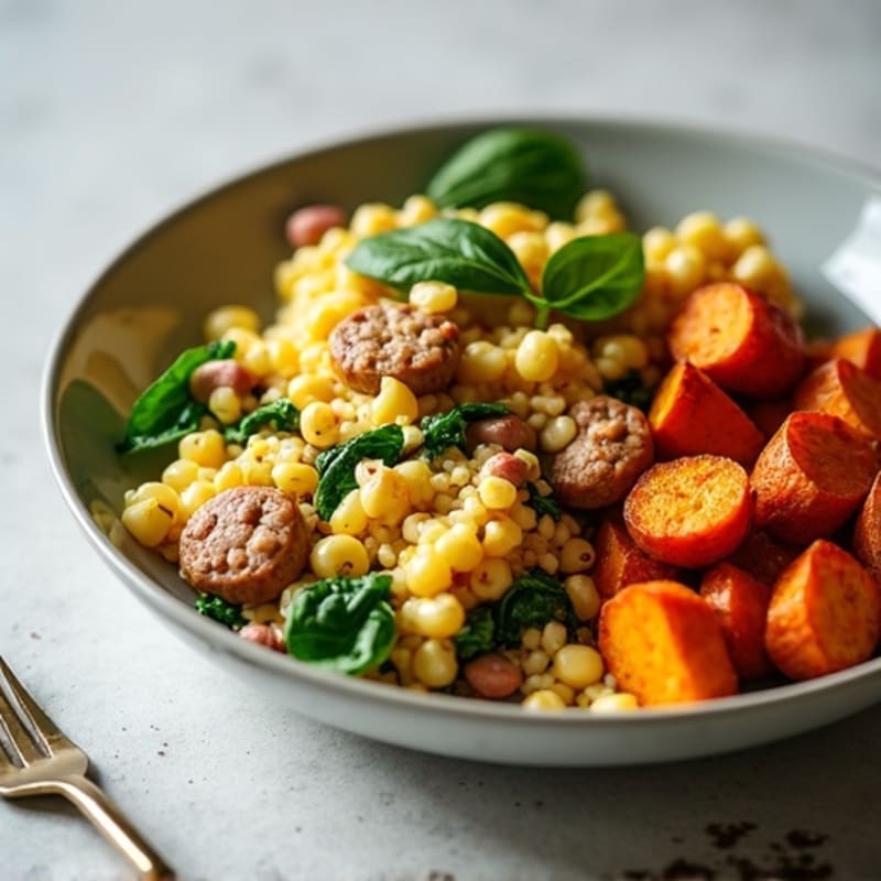 Egg White and Turkey Sausage Scramble with Spinach and Roasted Sweet Potatoes