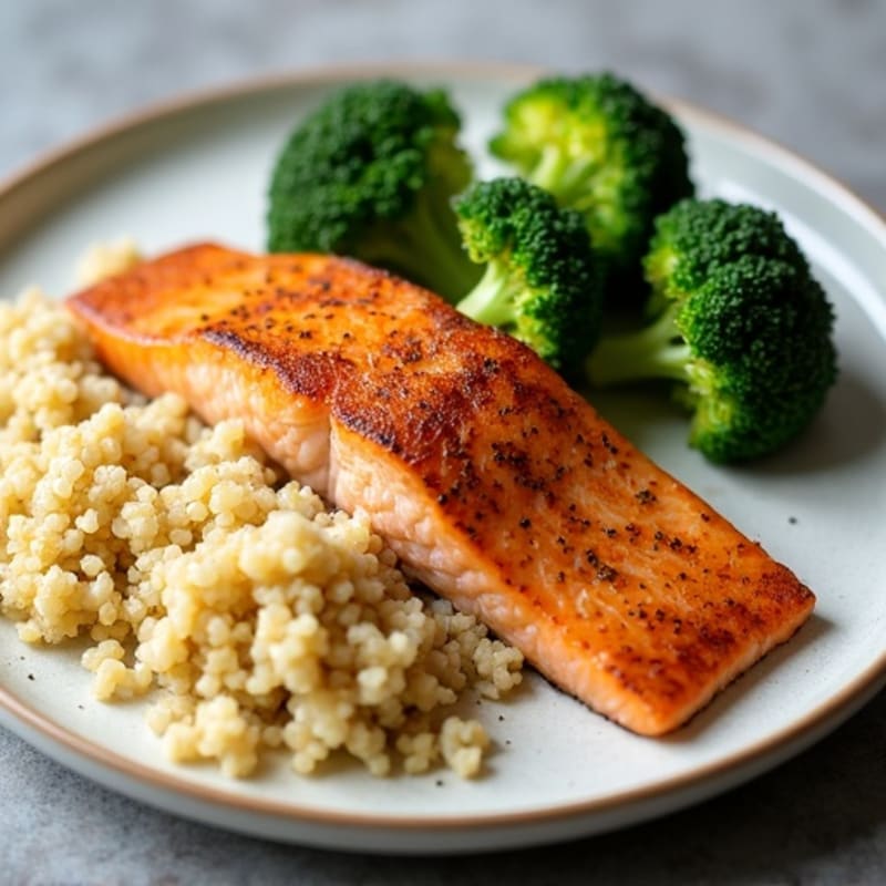 Seared Salmon with Roasted Broccoli and Garlic Quinoa