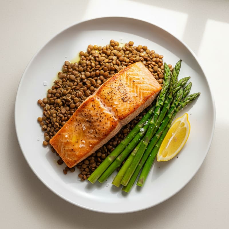 Seared Salmon Fillet with Steamed Asparagus and Lentils