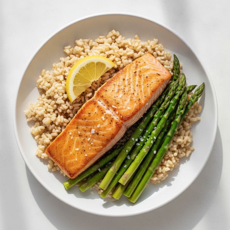 Seared Salmon Fillet with Steamed Asparagus and Brown Rice