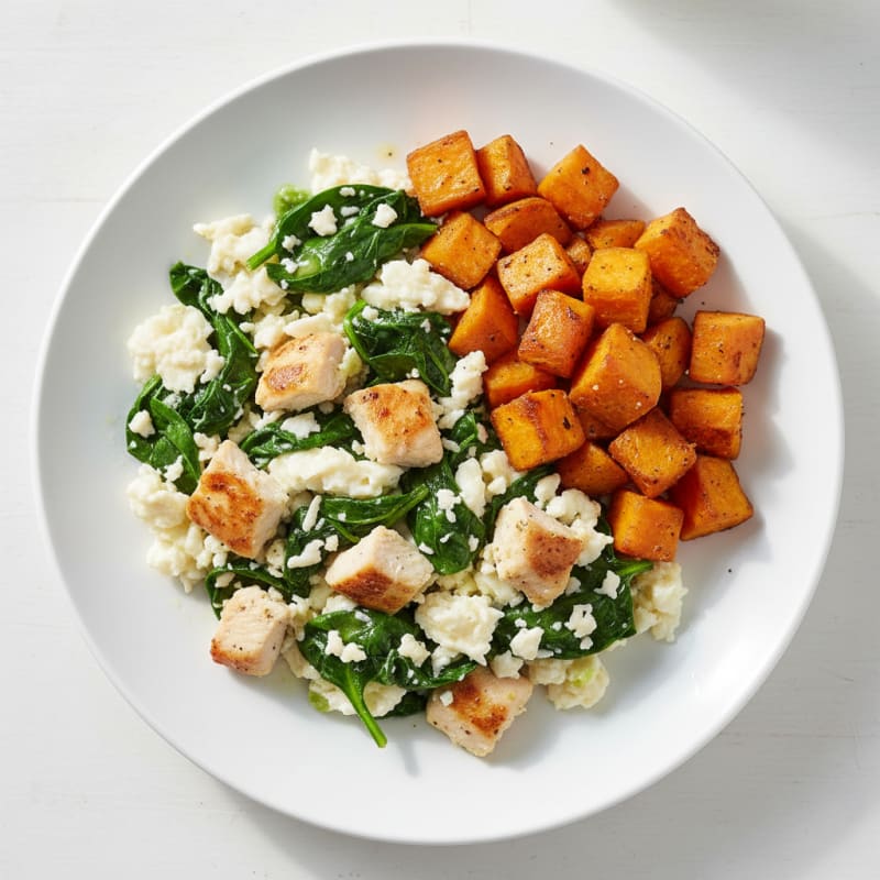 Chicken Egg White Scramble with Spinach and Roasted Sweet Potato