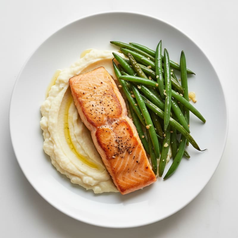 Seared Salmon with Garlic Green Beans and Mashed Cauliflower